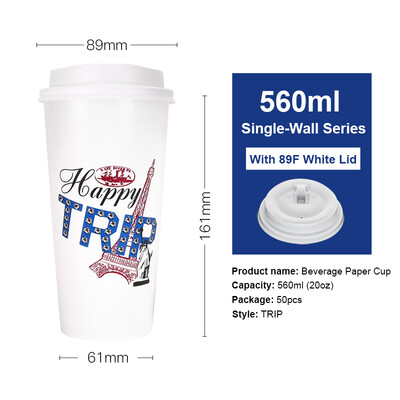 

OTOR 465ml560ml Paper Cup Disposable Tableware For Summer Icy Beverages Cold&Hot Tea Milk Coffee Happy Trip 50pcs