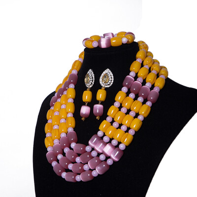 

AMYNOVA 4 Rows of Orange Imitation Coral Nigerian Wedding Beads Jewelry Set Bridal Jewelry African Costume Jewelry Set for Women