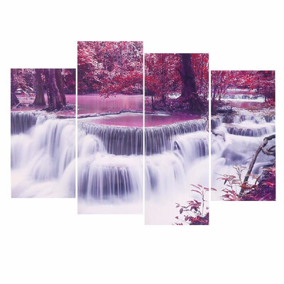 

HD Printed 4-Panel Unframed Maple And Waterfall Pattern Canvas Painting Wall Art Modular Pictures Decor for Home Living Room Bedro