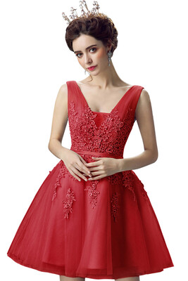 

Lace Short Homecoming Dresses Tulle Appliques V Neck Ball Gown Evening Prom Dresses Cocktail Gown