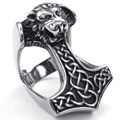 

Hpolw Mens Black&Silver Stainless Steel Lion head Ring&Gothic Celtic Knot Lion Thors Hammer deft design ring