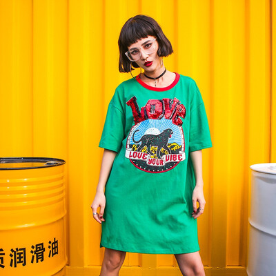

2018 Spring&Summer New Trend Street Fashion Printing Split T-shirt Cotton Womens Short-sleeved Long T-shirt Plus Size