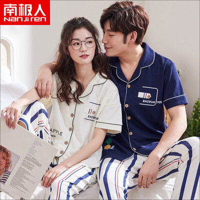 

Antarctic cotton pajamas mens couple pajamas short-sleeved trousers can be worn outside pajamas female summer Korean version of the striped home service suit male Tibetan blue stripes XL