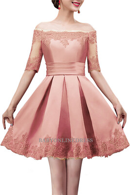 

A-line Off-shoulder Half Sleeves Short Lace Appliques Prom Dresses