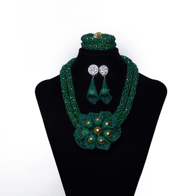 

Dark Green Millet Beads Hand-Woven Flowers African Beads Jewelry Set Nigerian Wedding Beads Necklace African Jewelry Set for Women