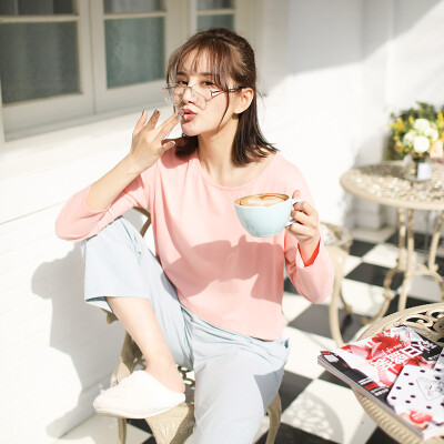 

Haizhining 17W49 Pajamas ladies sexy colorful nine-point sleeves long-sleeved trousers cotton home service suit home clothes two-piece pink 165 L