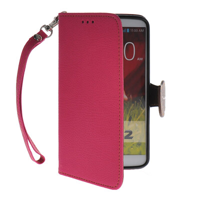 

MOONCASE Litch Skin Leather Side Flip Wallet Card Holder Pouch with Kickstand Shell Back Case Cover for LG G2 Hot pink