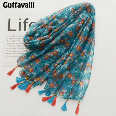 

Guttavalli Women Sky Blue Small Flowers Long Shawl Female Cotton Wood Beads Print Scarf Bohemia Chevron Floral Decoration Scarves