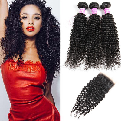 

Glary Brazilian Kinky Curly Bundles With Closure 3 Bundles with Free Part 100 Unprocessed Human Hair Natural Color