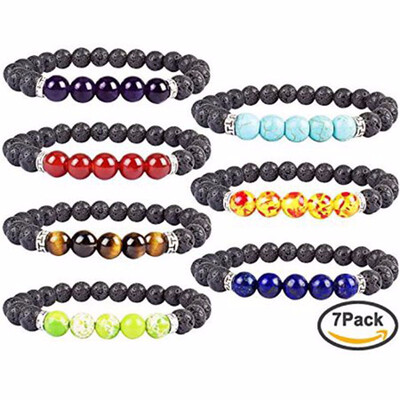 

7 Pack Gemstone Bracelet Natural Stones Stretch Bracelets Yoga Reiki Prayer Beads Lucky Lava Stones To Absorb Essential Oils