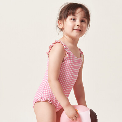 

Yizi childrens swimwear girls baby infants one-piece swimsuit small middle school children cute triangle hot spring swimsuit EZI18G002 powder white grid 100cm