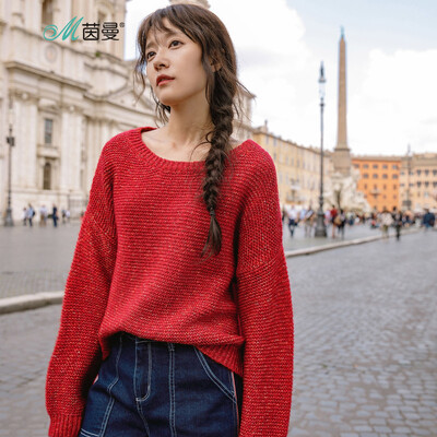 

INMAN 2018 autumn new round neck drop shoulder sleeves wild solid color pullover sweater female 18831VP32347 royal blue L