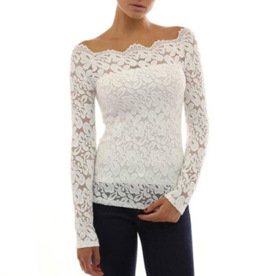 

CT&HF Women Sexy Fashion Lace Blouse Simple Pure Color Off-The-Shoulder T-Shirt Korean Women Silm Perspective Long Sleeve Blouse