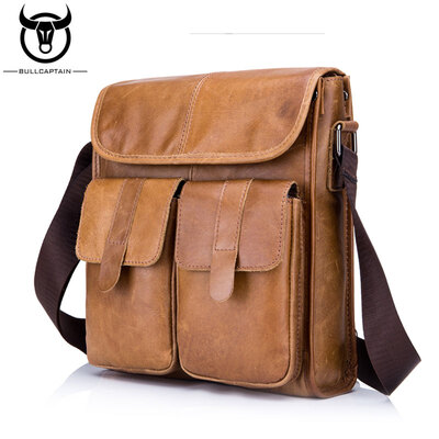 

BULL CAPTAIN Retro Genuine Leather Shoulder bag men Crossbody Bags Small famous Brand Designer Male Messenger Bags