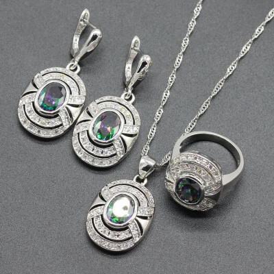 

Fashion Purple Stone Silver Plated Jewelry Sets for Women Necklace Dangle Earrings Ring Seven Colors Available Free Jewelry Box