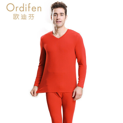

Ou Difen mens warm suit mens V-neck home thick warm set XW6116 crystal red
