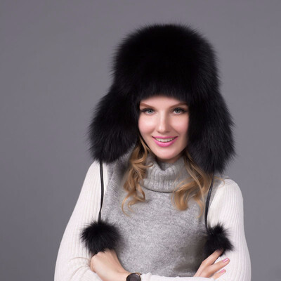 

FURART hot warm autumn&winter female Fox fur bomber hat snow cap fur womens hat ladies leather ear caps