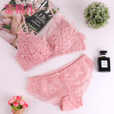 

Honey lattice sexy cross without rims lace girl bra set small chest gathered to receive the milk on the underwear women WN5016 pink 70B