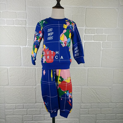 

2018 FW Map print blue sweatshirt&sweatpants sets boys girls autumn clothes