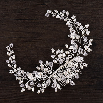 

Jonnafe Tiny Beaded Pearls Wedding Hong Hair Comb Jewelry Silver Leaf Bridal Headpiece Hair Vine Women Prom Accessories