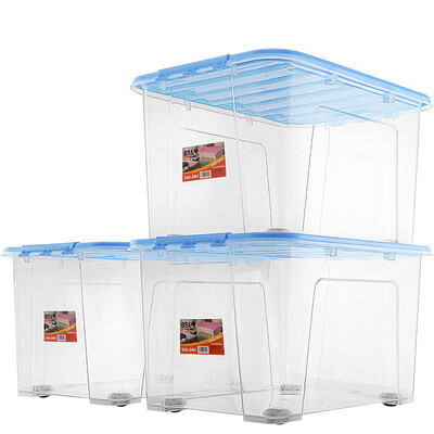 

JEKO&JEKO plastic transparent storage box extra large 85L 3 Pack storage box clothes toy storage box quilt pulley storage box blue cover SWB-5250