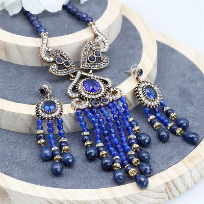 

Bohemia Ethnic Beads Jewelry Sets Natural Stones Handmade Long Tassel Pendant Necklace Resin Dangle Earring India Wedding Bijoux