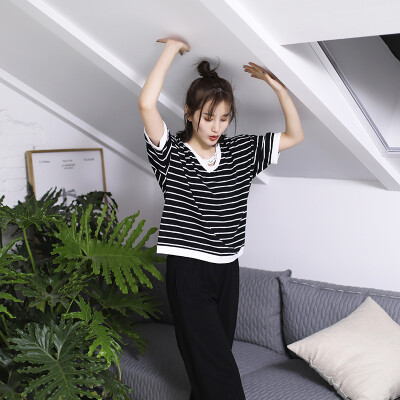 

Haizhining 17W38 pajamas ladies V-neck fashion casual striped short-sleeved pants cotton home clothes two-piece girl home service suit black 175 XXL