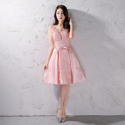 

Birthday dress short paragraph party dress sexy V-neck satin luxury handmade bead stage dress pink