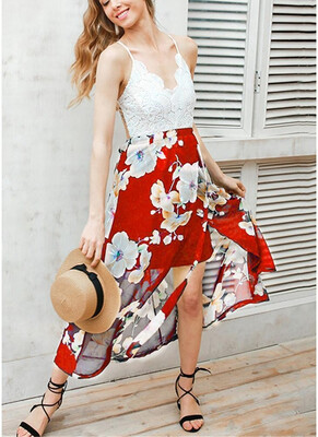 

Crochet Lace Floral Chiffon Spaghetti Strap Cross Over Sleeveless Backless One-Piece Dress Homecoming Dress Prom Dress