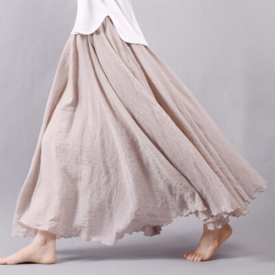 

Linen Cotton Long Pleated Skirts Women Elastic Waist Maxi Skirts Beach Party Vintage Summer Skirts Faldas Saia