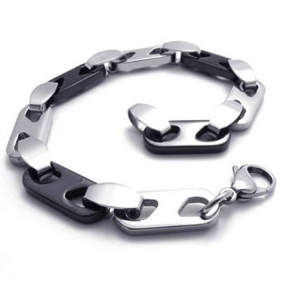 

Hpolw Polished Stainless Steel Mens Link Bracelet - Black Silver - 8.5