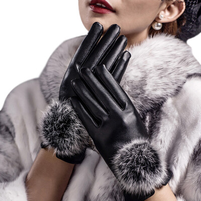 

Perilla leather gloves PU gloves ladies autumn&winter warm gloves cute rabbit hair ball plus cashmere thick all fingers riding gloves are all black