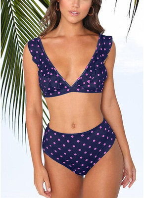 

2018 Dot Print Ruffled Push Up Bra High Waist Bottoms Bikini Set