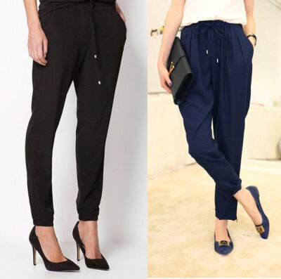 

Women Casual Pants Solid Color Elastic Drawstring Waist Full length Chiffon Harem Pants