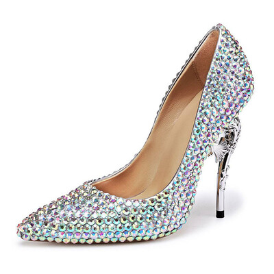 

Silver hippocampal heel Color diamond High heel pointed single shoe Fine heel shoes Performing womens shoes