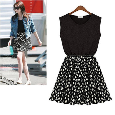 

New Womens Slim Summer Dress Sleeveless Round Neck Flower Print Chiffon Dress