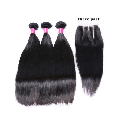 

i-Dishy Virgin Hair 3 Bundles With Closure Brazilian Straight Human Hair Bundles Plus Closure Free Middle Three Part 4 pcslot