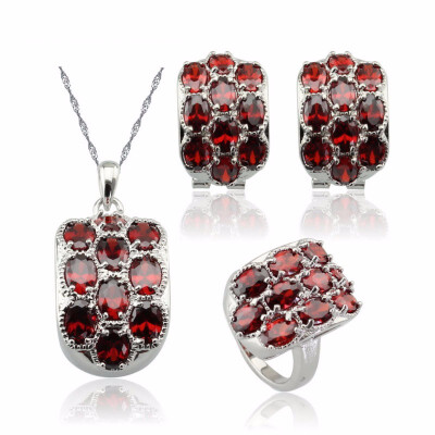 

Pomegranate Red Stone Silver Plated Bridal Jewelry Sets for women Choker Clip Earrings Ring Free Gift Box