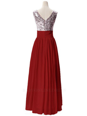 

2018 V Neck Sequined Chiffon Long Prom Dresses Sleeveless Formal Party Evening Bridesmaid Dresses