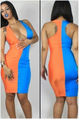 

Womens Two-tone Stitching Sleeveless Deep V-neck Bodycon Knee-length Sexy Dress