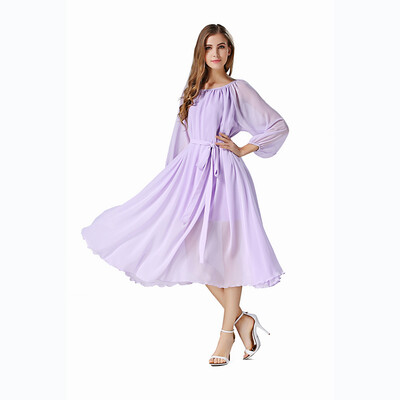 

Buenos Ninos Womens Long Sleeve Crew Neck Loose Chiffon Long Maxi Dress with Belt