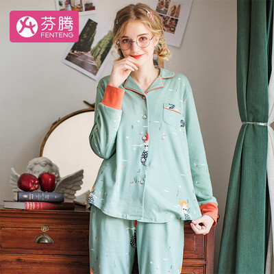 

Fenteng home service female fresh pattern pajamas gentle long sleeve suit J98931358 water green XL