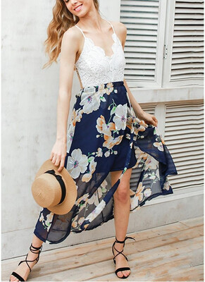 

New Crochet Lace Floral Chiffon Spaghetti Strap Cross Over Sleeveless Backless One-Piece Dress Homecoming Dress