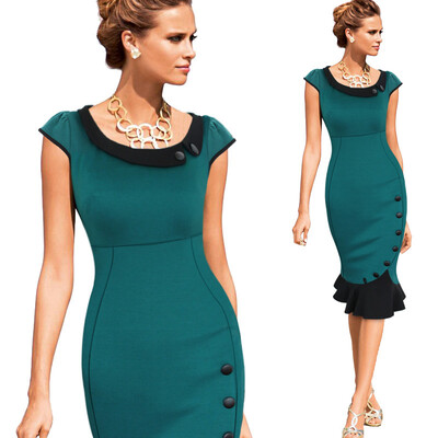 

2015 Womens Vintage Elegant Formal Lace Button Patchwork Tunic Wear To Work Party Mermaid Midi Pencil Wiggle Bodycon Dress