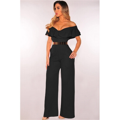 

2018 New Fashion Women Sexy Strapless Jumpsuit Falbala Neckline Solid Color Off Shoulder Casual Jumpsuit