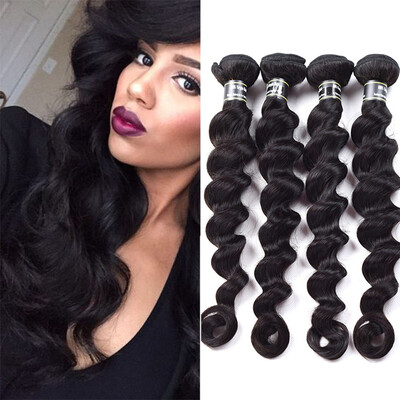 

7A Loose Wave Brazilian Virgin Hair 4 Bundles Loose Wave Hair Extensions Soft&Bouncy Bundle 1B Color Can Be Dyed&Bleached
