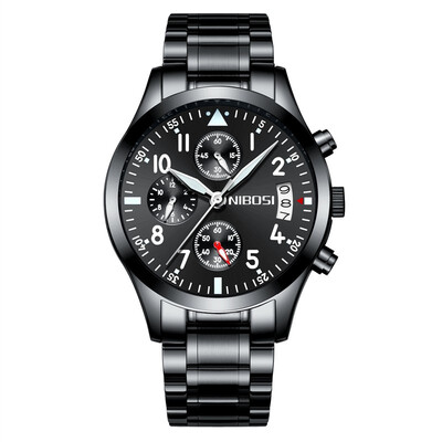

Korean version of the series of steel all black mens watch 3 degrees waterproof luminous three eyes 6 needle mens watch