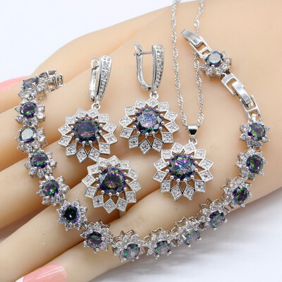 

925 Silver Bridal Jewelry Sets For Women Topaz Necklace Pendant Earrings Rings Bracelets
