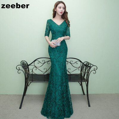 

Sexy mermaid Evening Dresses Long Vintage Dark green Elegant Sleeves Lace Party Gown Prom Dress Women Zipper Robe Evening Gown