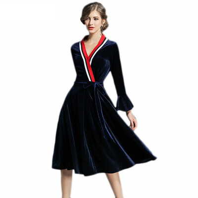 

2018 Blue Soft Velvet Sexy V-Neck With Sashes Three Quarter Flare Sleeve Womens Velvet Party Dress Spring